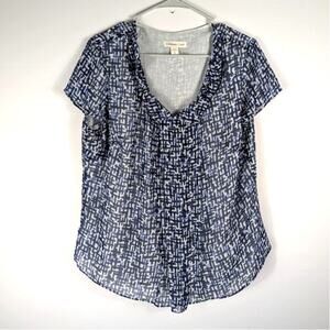 Coldwater Creek Blouse XL 16 Navy White Print Short Sleeve Ruffle Neck Sheer Top